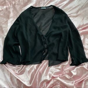 Black Chiffon Flounce Sleeve Tie Top